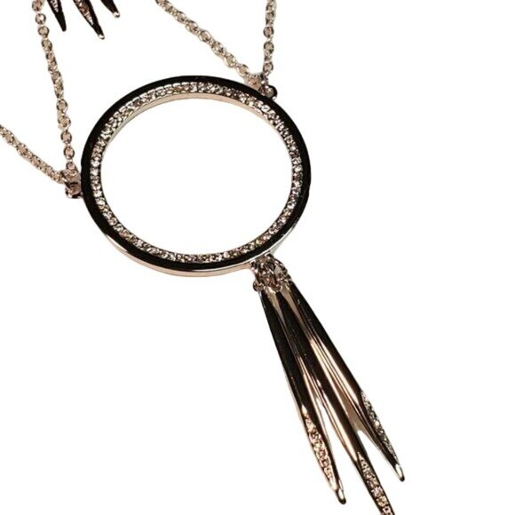 BCBGeneration Layered Circle Silver Necklace w/ rhinestones, Lobster claw clasp - Picture 1 of 9